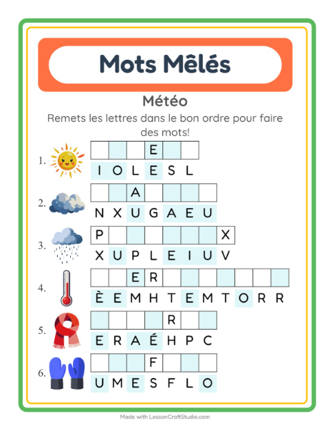 Aperçu de la fiche Lettres Mélangées avec Météo pour CP (cours préparatoire)