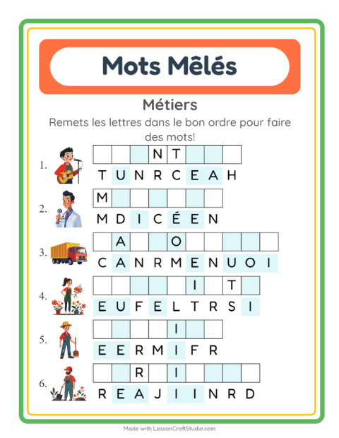 Aperçu de la fiche Lettres Mélangées avec Métiers pour CP (cours préparatoire)