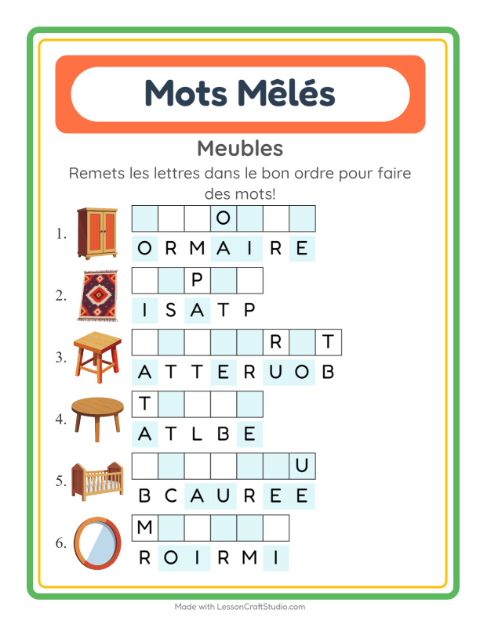 Aperçu de la fiche Lettres Mélangées avec Meubles pour CP (cours préparatoire)