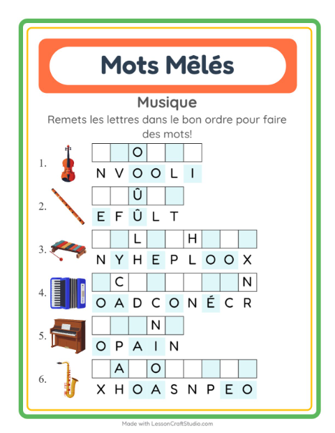 Aperçu de la fiche Lettres Mélangées avec Musique pour CP (cours préparatoire)