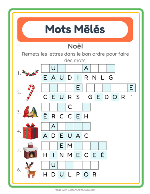 Aperçu de la fiche Lettres Mélangées avec Noël pour CP (cours préparatoire)