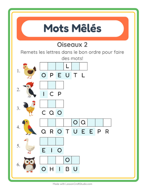 Aperçu de la fiche Lettres Mélangées avec Oiseaux 2 pour CP (cours préparatoire)