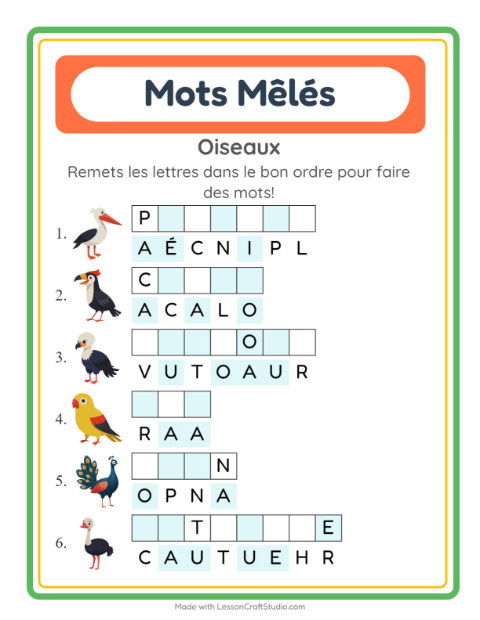 Aperçu de la fiche Lettres Mélangées avec Oiseaux pour CP (cours préparatoire)