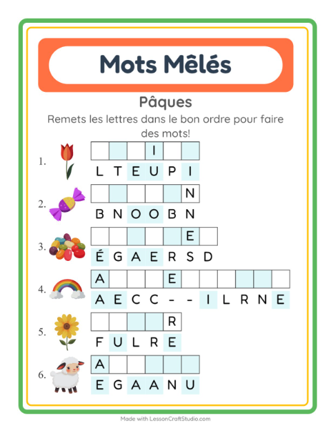 Aperçu de la fiche Lettres Mélangées avec Pâques pour CP (cours préparatoire)