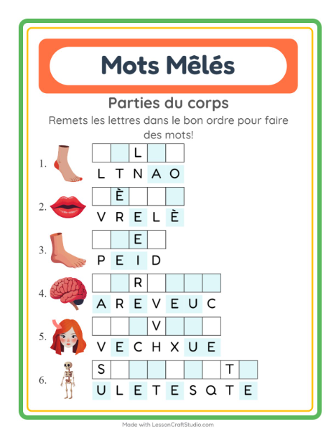 Aperçu de la fiche Lettres Mélangées avec Parties du corps pour CP (cours préparatoire)