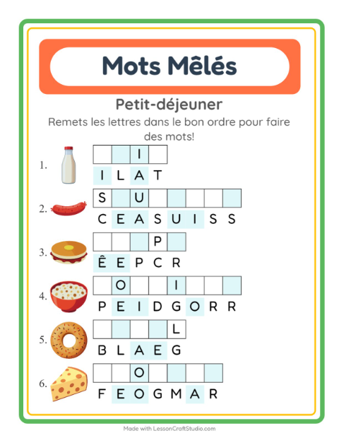Aperçu de la fiche Lettres Mélangées avec Petit-déjeuner pour CP (cours préparatoire)