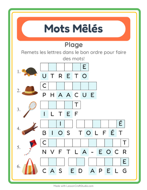 Aperçu de la fiche Lettres Mélangées avec Plage pour CP (cours préparatoire)