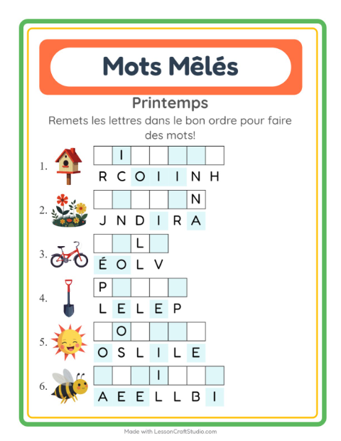 Aperçu de la fiche Lettres Mélangées avec Printemps pour CP (cours préparatoire)