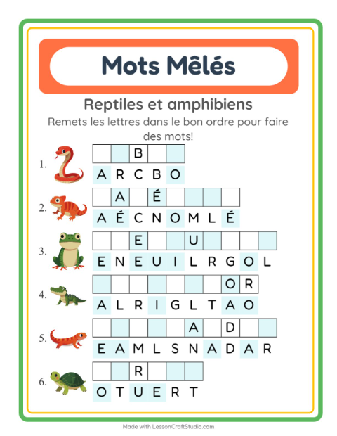 Aperçu de la fiche Lettres Mélangées avec Reptiles et amphibiens pour CP (cours préparatoire)
