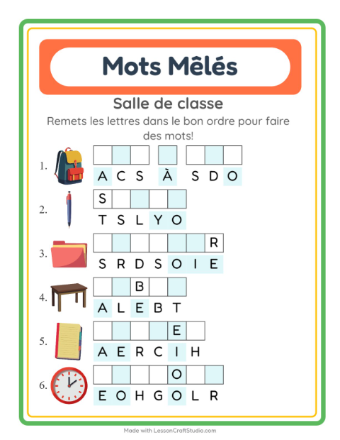 Aperçu de la fiche Lettres Mélangées avec Salle de classe pour CP (cours préparatoire)