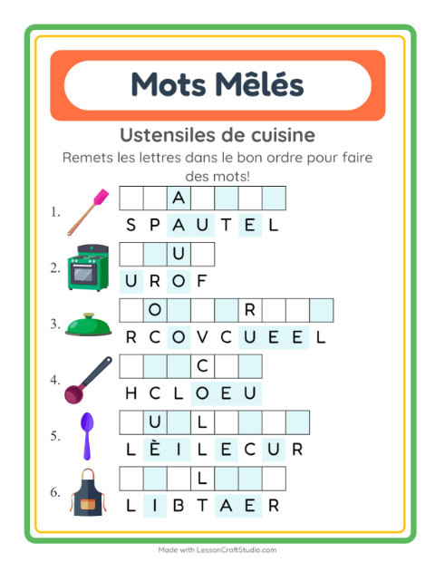 Aperçu de la fiche Lettres Mélangées avec Ustensiles de cuisine pour CP (cours préparatoire)