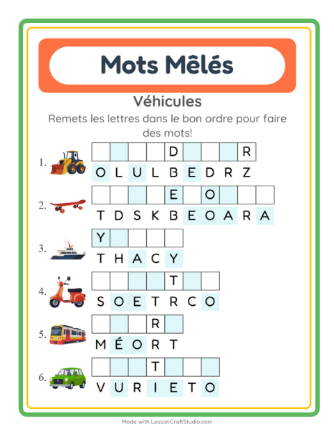 Aperçu de la fiche Lettres Mélangées avec Véhicules pour CP (cours préparatoire)