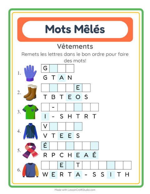 Aperçu de la fiche Lettres Mélangées avec Vêtements pour CP (cours préparatoire)