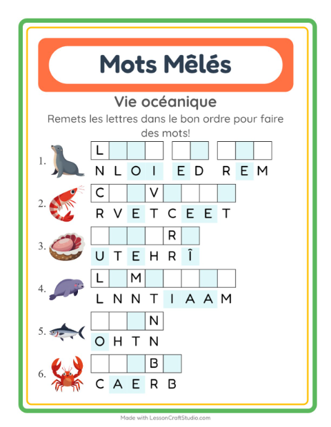 Aperçu de la fiche Lettres Mélangées avec Vie océanique pour CP (cours préparatoire)