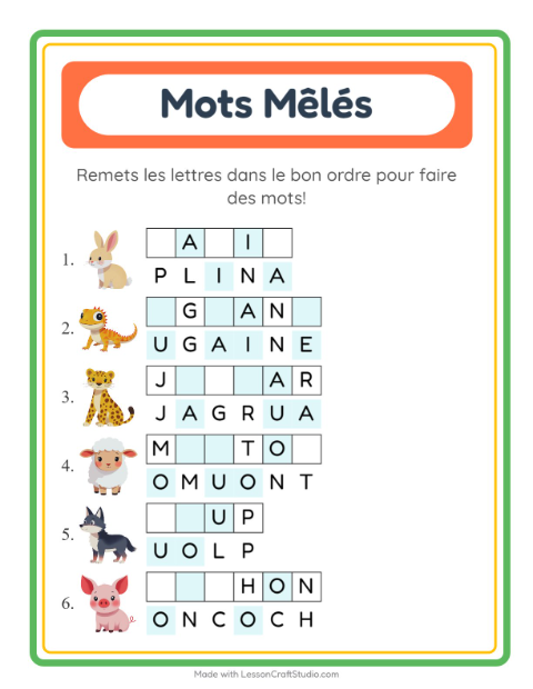 Aperçu de la fiche Lettres Mélangées pour CP (cours préparatoire)