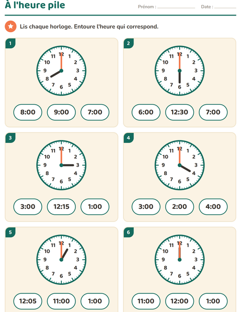 Aperçu de la fiche Lire l'heure pour CP (cours préparatoire)