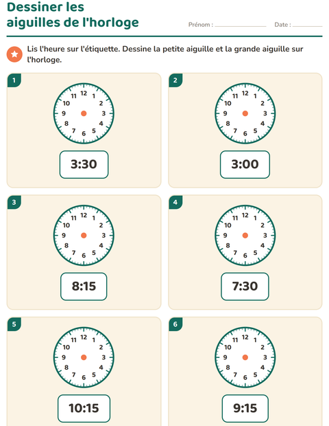 Aperçu de la fiche Lire l'heure pour CP (cours préparatoire)