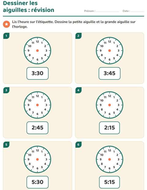Aperçu de la fiche Lire l'heure pour CP (cours préparatoire)