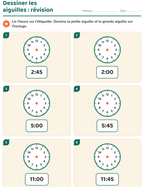 Aperçu de la fiche Lire l'heure pour CP (cours préparatoire)
