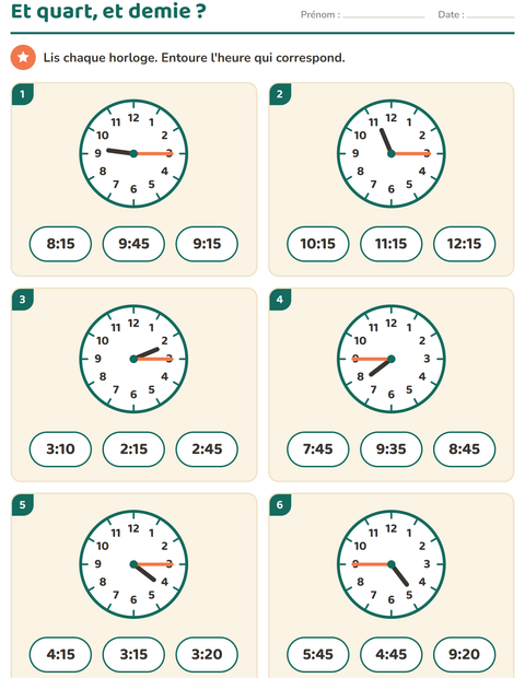 Aperçu de la fiche Lire l'heure pour CE1 (cours élémentaire 1)