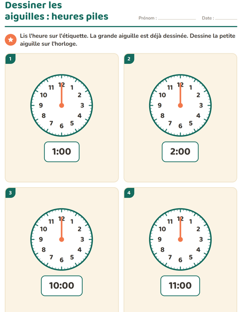 Aperçu de la fiche Lire l'heure pour CP (cours préparatoire)