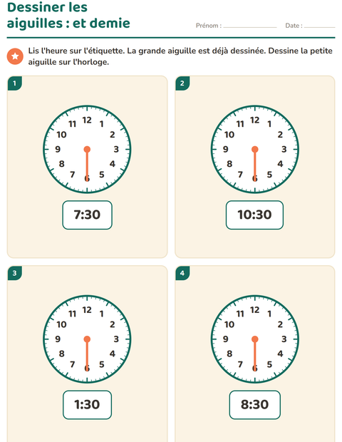 Aperçu de la fiche Lire l'heure pour CP (cours préparatoire)