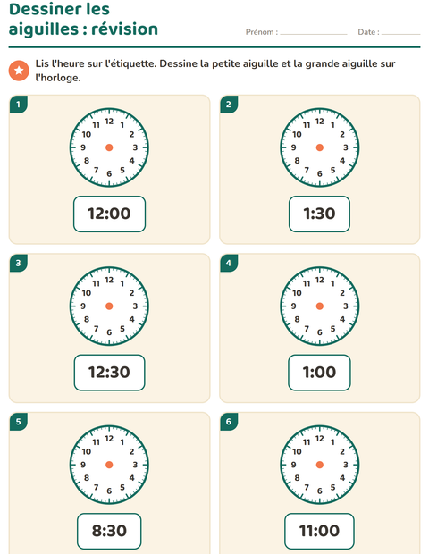Aperçu de la fiche Lire l'heure pour CP (cours préparatoire)