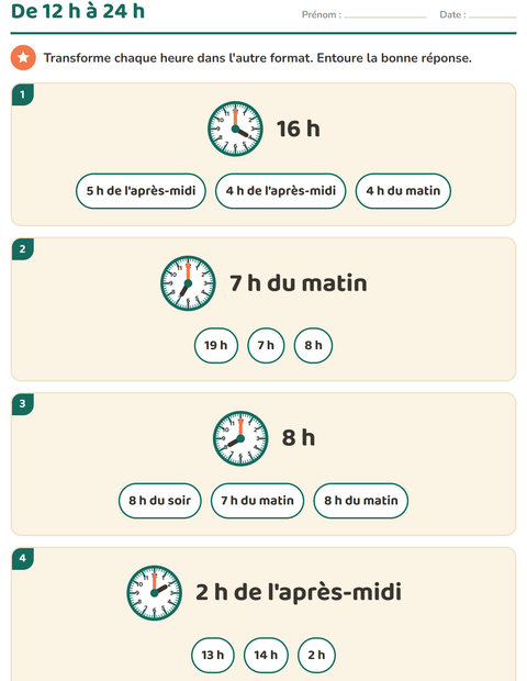 Aperçu de la fiche Lire l'heure pour CE2 (cours élémentaire 2)