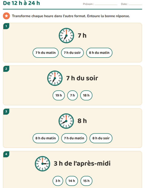 Aperçu de la fiche Lire l'heure pour CE2 (cours élémentaire 2)