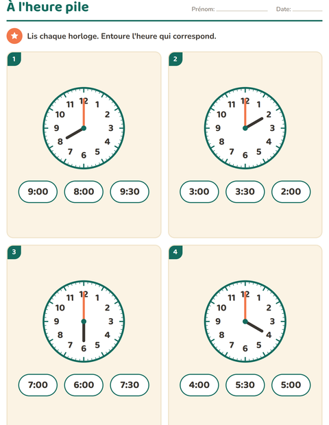 Lire l'heure au CP : heures entières et demi-heures — 3