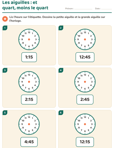 Aperçu de la fiche Lire l'heure pour CP (cours préparatoire)