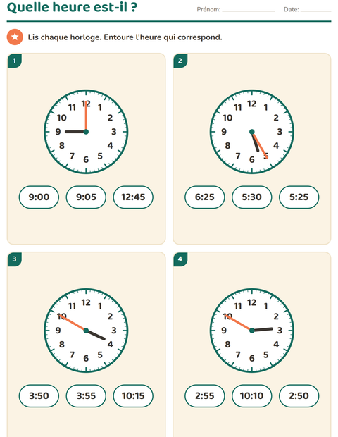 Lire l'heure au CE1 : 5 minutes près et quarts d'heure — 2