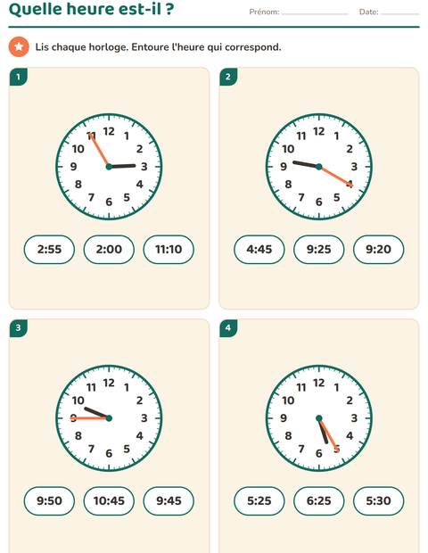 Lire l'heure au CE1 : 5 minutes près et quarts d'heure — 3