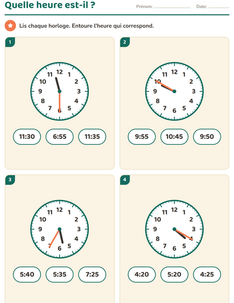 Lire l'heure au CE1 : 5 minutes près et quarts d'heure — 4