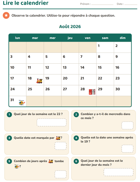 Aperçu de la fiche Lire le calendrier pour CE1 (cours élémentaire 1)