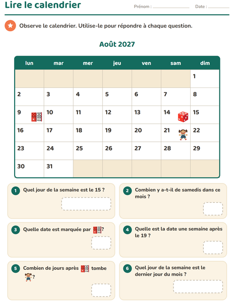 Aperçu de la fiche Lire le calendrier pour CE1 (cours élémentaire 1)