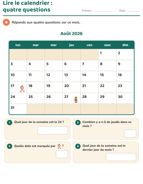 Aperçu de la fiche Lire le calendrier pour CE1 (cours élémentaire 1)