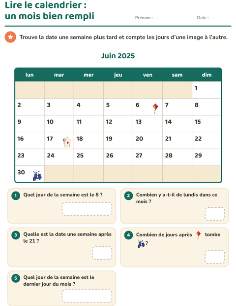 Aperçu de la fiche Lire le calendrier pour CE1 (cours élémentaire 1)