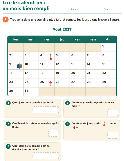 Aperçu de la fiche Lire le calendrier pour CE1 (cours élémentaire 1)