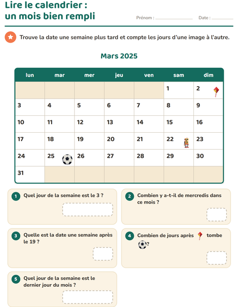 Aperçu de la fiche Lire le calendrier pour CE1 (cours élémentaire 1)
