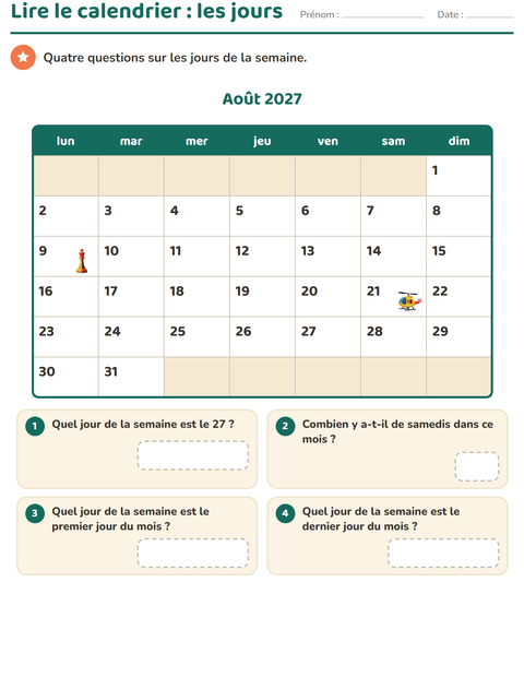 Aperçu de la fiche Lire le calendrier pour CE1 (cours élémentaire 1)
