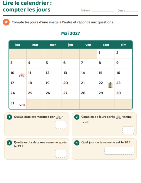 Aperçu de la fiche Lire le calendrier pour CE1 (cours élémentaire 1)