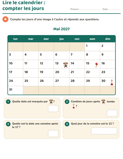 Aperçu de la fiche Lire le calendrier pour CE1 (cours élémentaire 1)