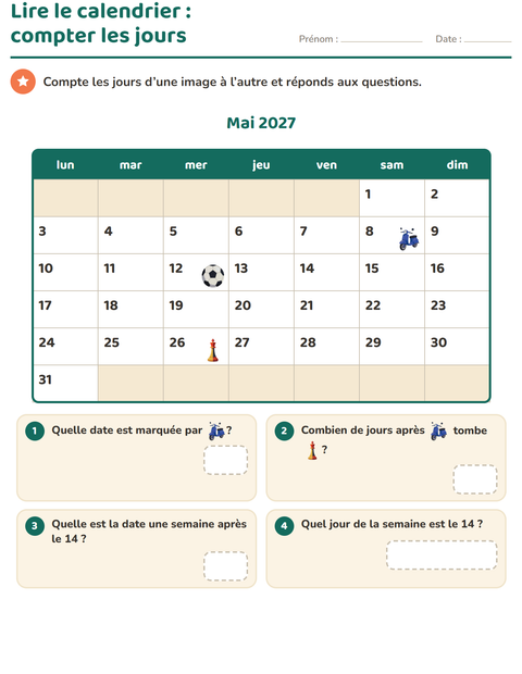 Aperçu de la fiche Lire le calendrier pour CE1 (cours élémentaire 1)