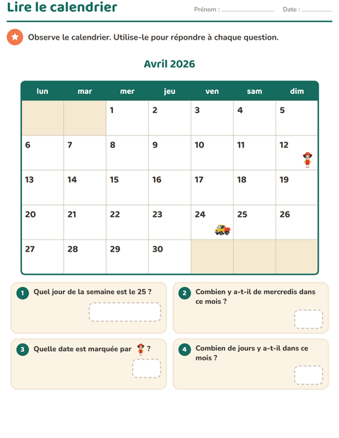 Aperçu de la fiche Lire le calendrier pour CE1 (cours élémentaire 1)
