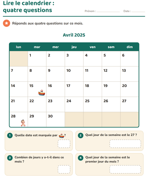 Aperçu de la fiche Lire le calendrier pour CE1 (cours élémentaire 1)