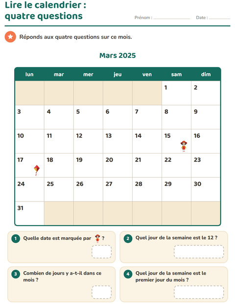 Aperçu de la fiche Lire le calendrier pour CE1 (cours élémentaire 1)