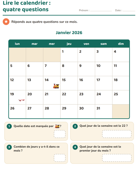 Aperçu de la fiche Lire le calendrier pour CE1 (cours élémentaire 1)