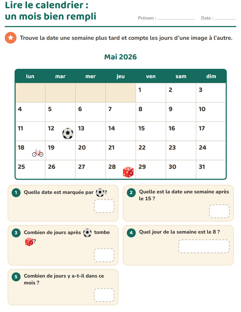 Aperçu de la fiche Lire le calendrier pour CE1 (cours élémentaire 1)