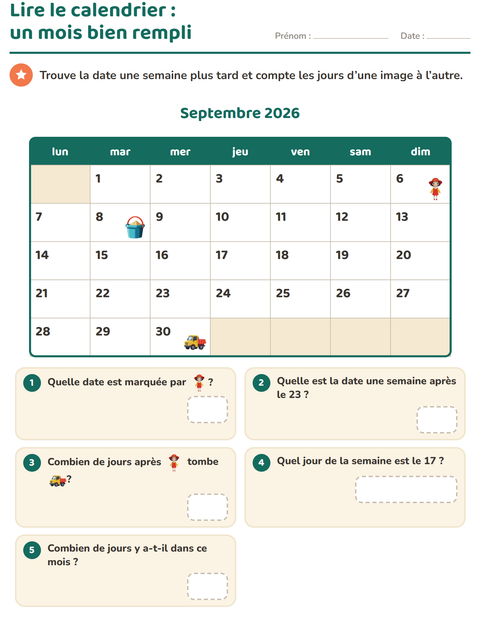 Aperçu de la fiche Lire le calendrier pour CE1 (cours élémentaire 1)